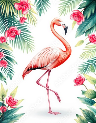 Pink flamingo on white background illustration