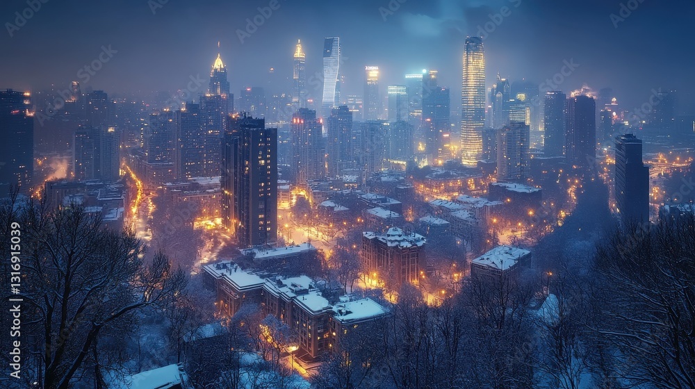 Fototapeta premium Snowy cityscape at night with illuminated skyscrapers and snow-covered buildings