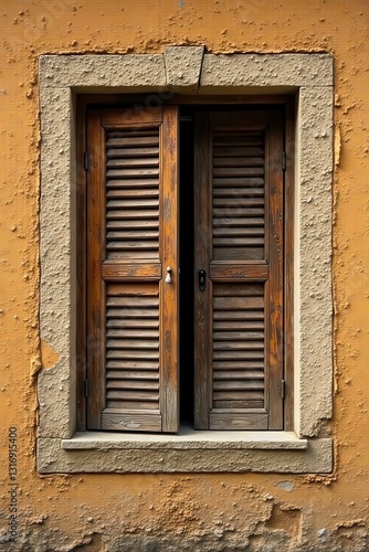 A weathered wooden window, slightly ajar, is nestled within a crumbling stone frame on a textured ochre wall