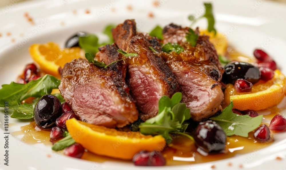 Delicious Seared Duck Breast with Citrus Salad on White Plate Delicious Seared Duck Breast with Citrus Salad on White Plate