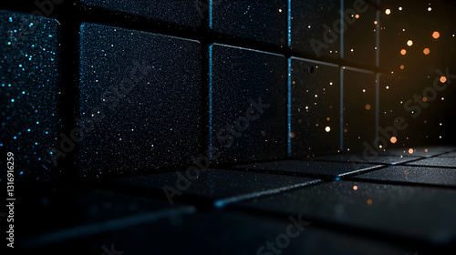 A dark room illuminated by particles on textured square walls
