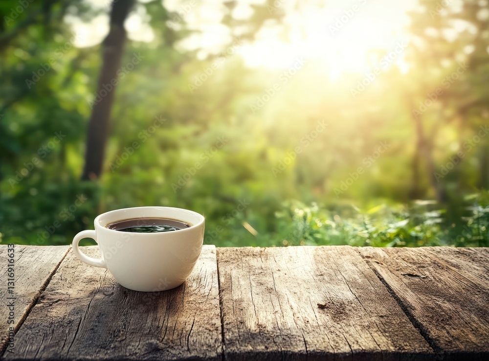 Coffee Cup on Wooden Table with Green Forest Background in Morning Coffee Cup on Wooden Table with Green Forest Background in Morning