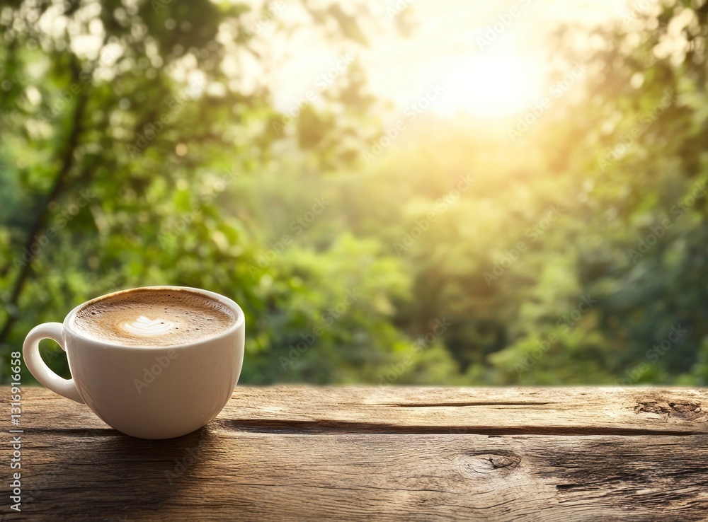 Enjoying Latte Art Coffee on Wooden Table with Green Forest Background Enjoying Latte Art Coffee on Wooden Table with Green Forest Background