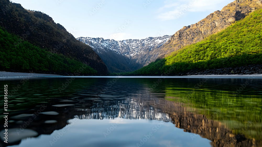 Majestic mountain range reflected in the calm waters of the lake