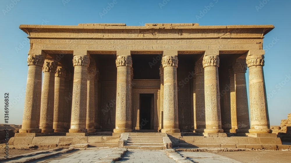 Fototapeta premium Ancient egyptian temple with hieroglyphic columns under clear sky