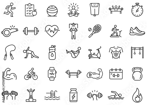 Fitness and Health Icons Set – Exercise, Workout, Gym, Strength Training, Cardio, Weightlifting, Yoga, Sports, Wellness, Nutrition, Active Lifestyle, Physical Activity, Outline Vector Icons