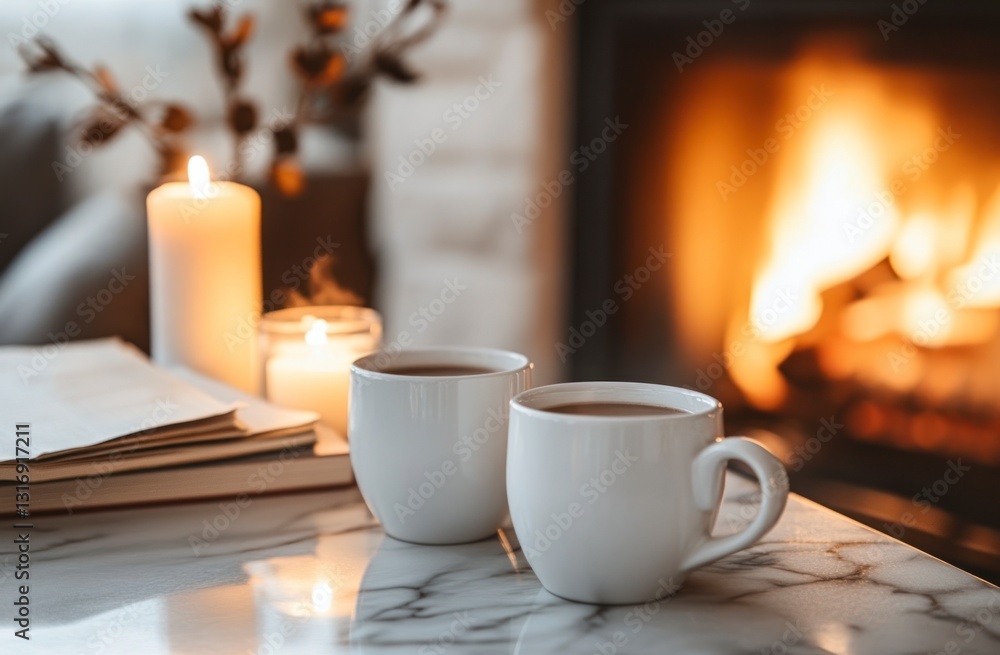 Enjoying Cozy Coffee by the Fireplace with Candles and a Book Enjoying Cozy Coffee by the Fireplace with Candles and a Book