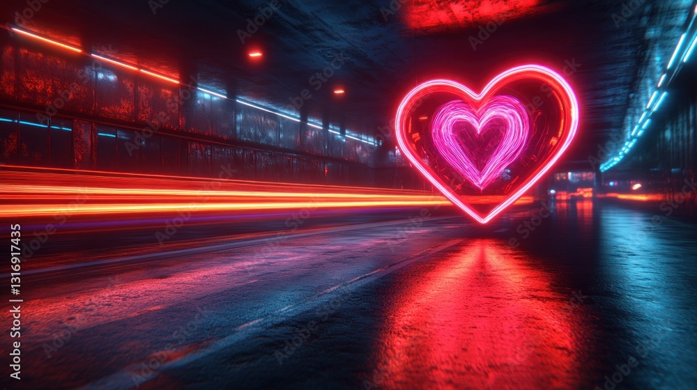 Obraz premium Neon heart in a dark tunnel