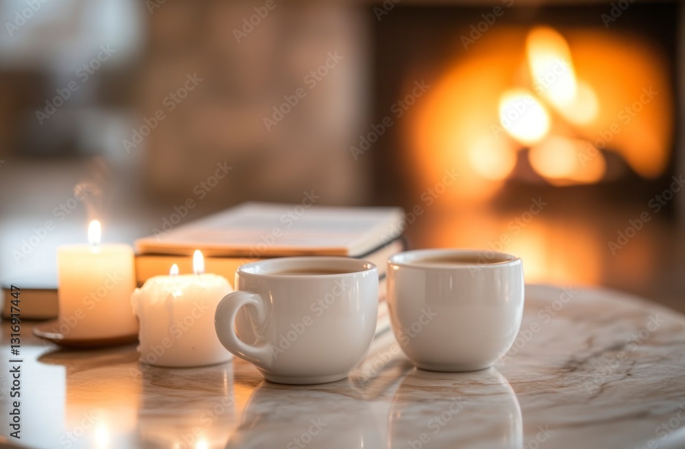 Two Cups of Coffee with Candles and Fireplace for Relaxation Two Cups of Coffee with Candles and Fireplace for Relaxation