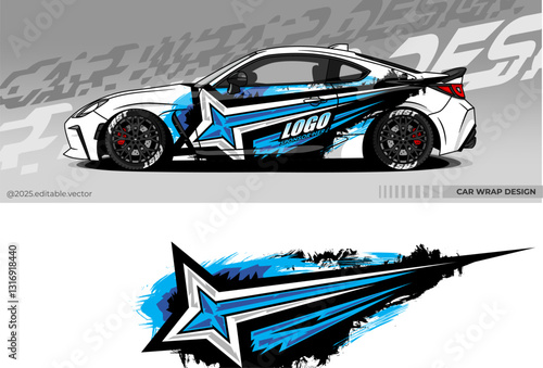 Car wrap design vector. Car livery abstract decal with black, white, blue colour. Sticker Vinyl template. Suitable for racing, rally, drfit, sport car, truck, or daily use car
