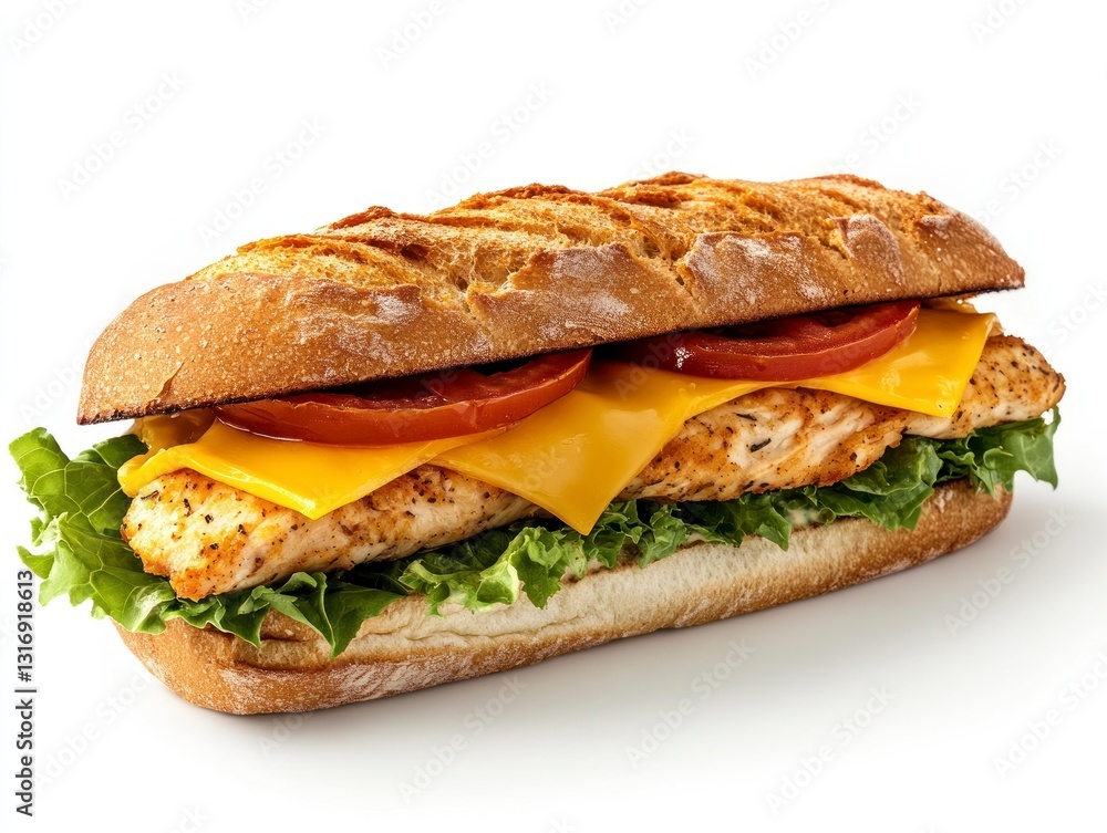 Delicious Chicken Sub Sandwich with Cheese Tomato and Lettuce on White Delicious Chicken Sub Sandwich with Cheese Tomato and Lettuce on White