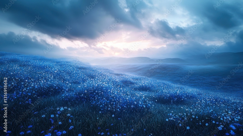 Fototapeta premium Serene blue flower field at dawn, misty hills, dramatic sky.