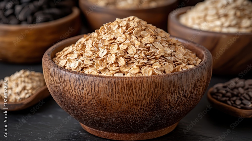 Rolled oats in a wooden bowl with chocolate chips and other oats in the background. Rolled oats in a wooden bowl with chocolate chips and other oats in the background.