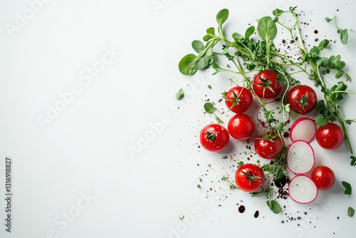 Sleek deconstructed salad artfully plated as contemporary art. Each ingredient is precisely arranged, transforming a culinary dish into a visual masterpiece. photo