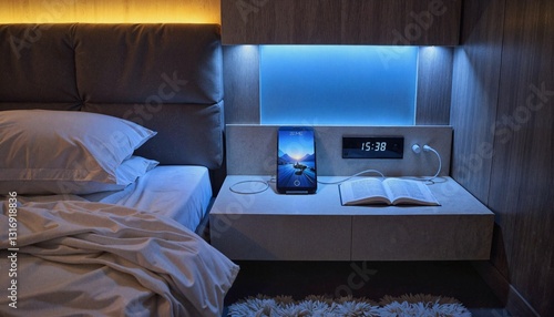 Photos Modern bedroom interior with bedside table and glowing decor