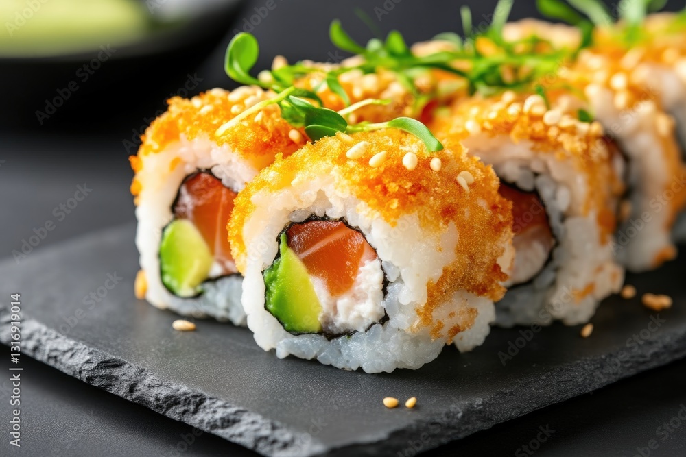Dark stone platter with sushi roll with salmon and microgreens Dark stone platter with sushi roll with salmon and microgreens