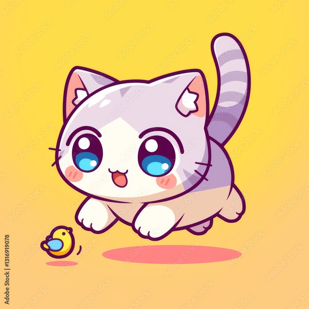 Cute Cat Chases Bird, Pastel Colors