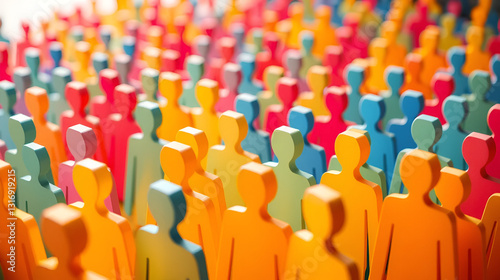 A close-up view of a large group of colorful paper cutout figures standing together. Beautiful simple AI generated image