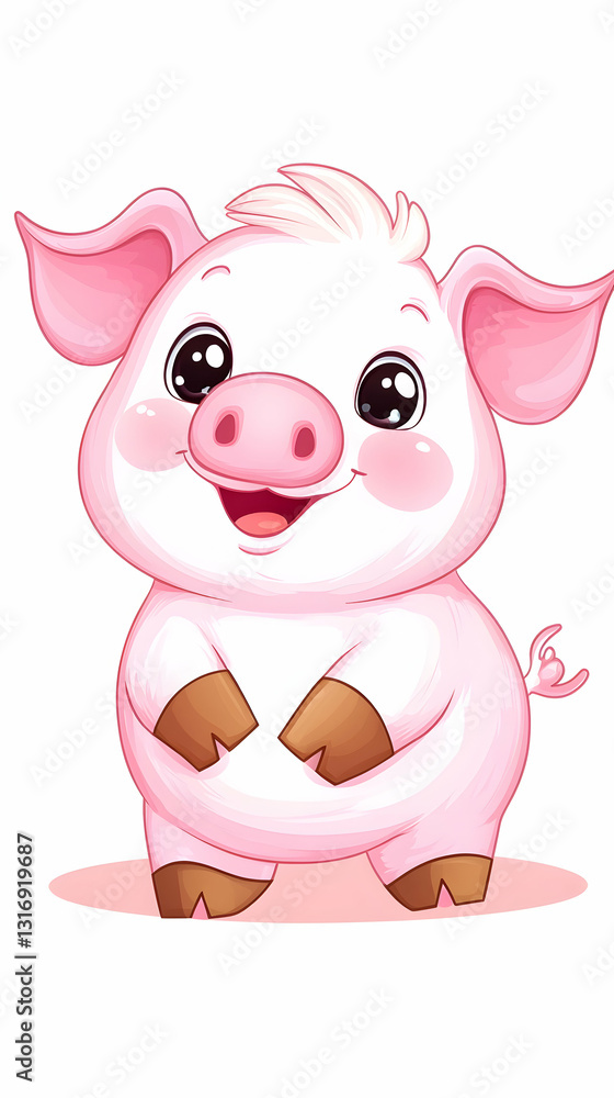 Naklejka premium Adorable pink piglet standing smiling big eyes Cute cartoon illustration