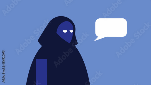 Testifying Figure A side view of a cloaked figure testifying with a shadowy face and a speech bubble showing a blurred text to indicate they are providing important information.