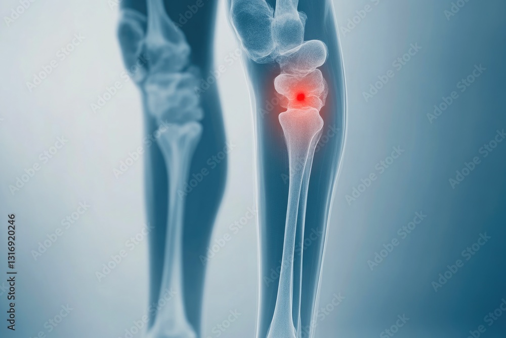 Knee x-ray highlighting red pain location Knee x-ray highlighting red pain location