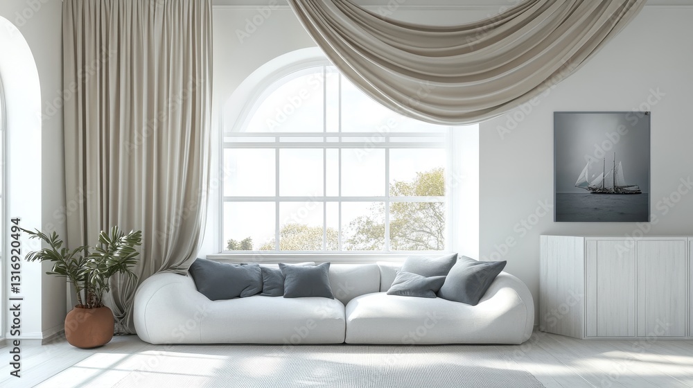 Fototapeta premium Elegant modern living room with white sofa and large window view