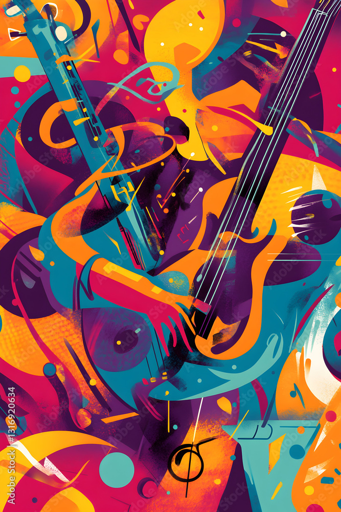 Fototapeta premium Vibrant Concert Ticket Design with Dynamic Illustration of Live Band Performance for a Memorable Musical Night