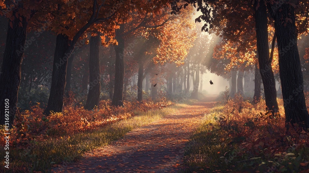 Fototapeta premium Sunlit autumn path through a misty forest.