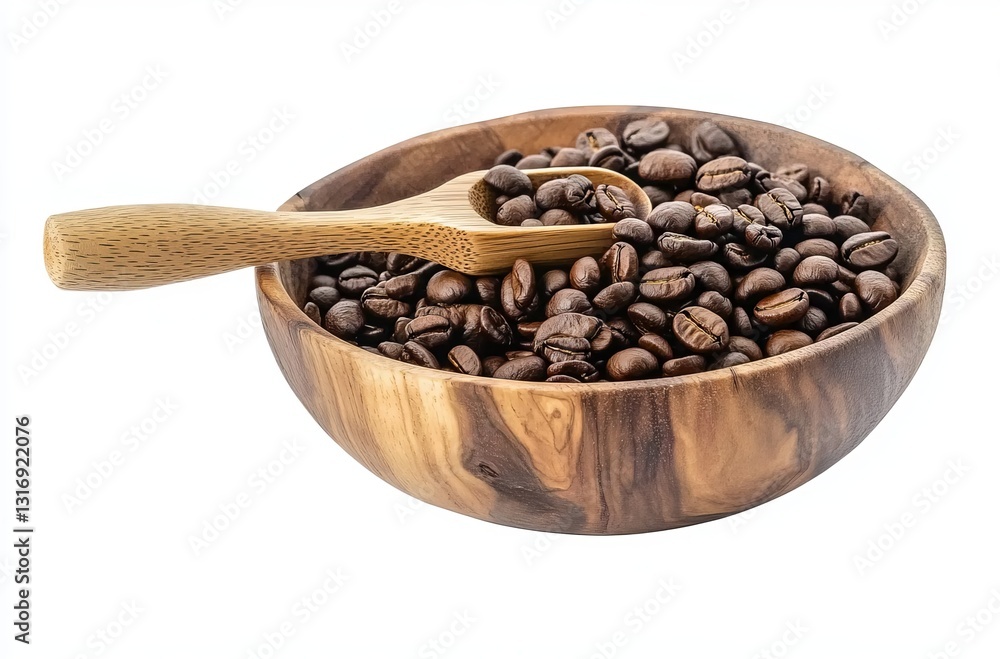Fototapeta premium Coffee beans in a wooden bowl and a coffee-colored background on a white background with a clipping path