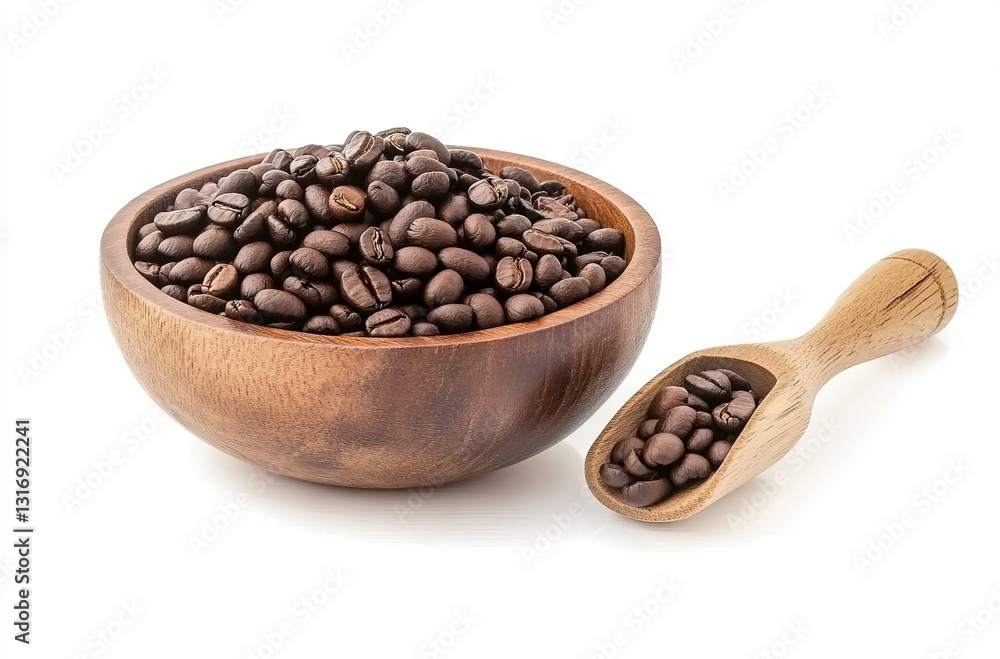 Fototapeta premium Coffee beans in a wooden bowl and a coffee-colored background on a white background with a clipping path