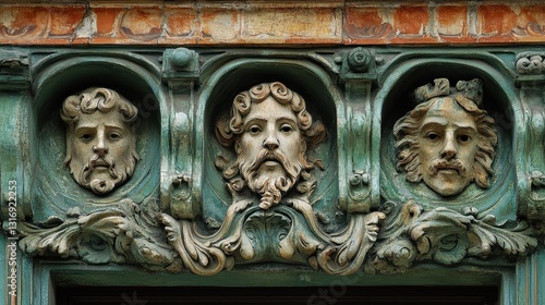 Ornate architectural facade with three sculpted male faces in stone relief