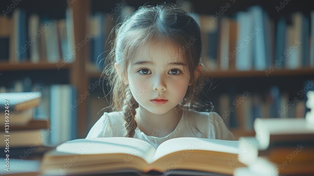 Asian child reading in library surrounded by books