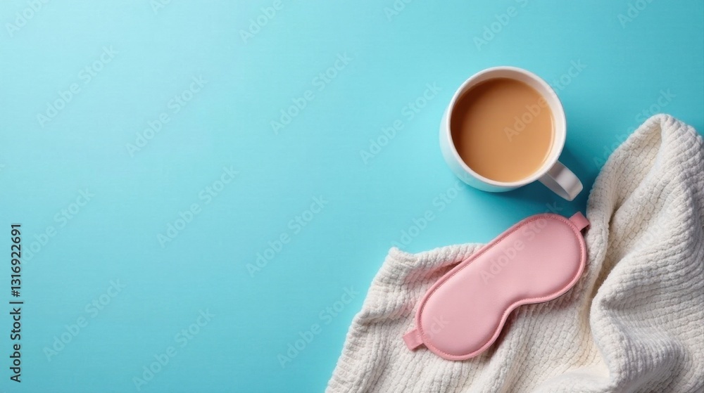 Obraz premium Relaxing Evening Ritual Cozy Sweater, Warm Beverage, and Sleep Mask on a Serene Blue Background