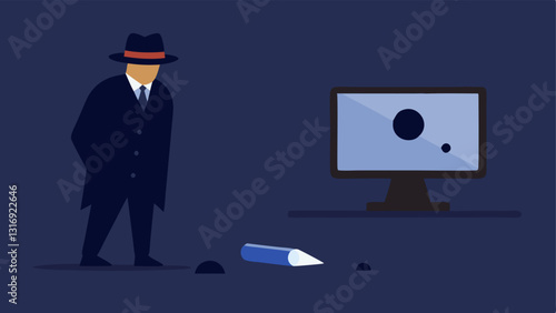 Surveillance Camera View An illustration showing a detective looking at a surveillance monitor with a grainy image of them near a bullet casing on the ground emphasizing modern