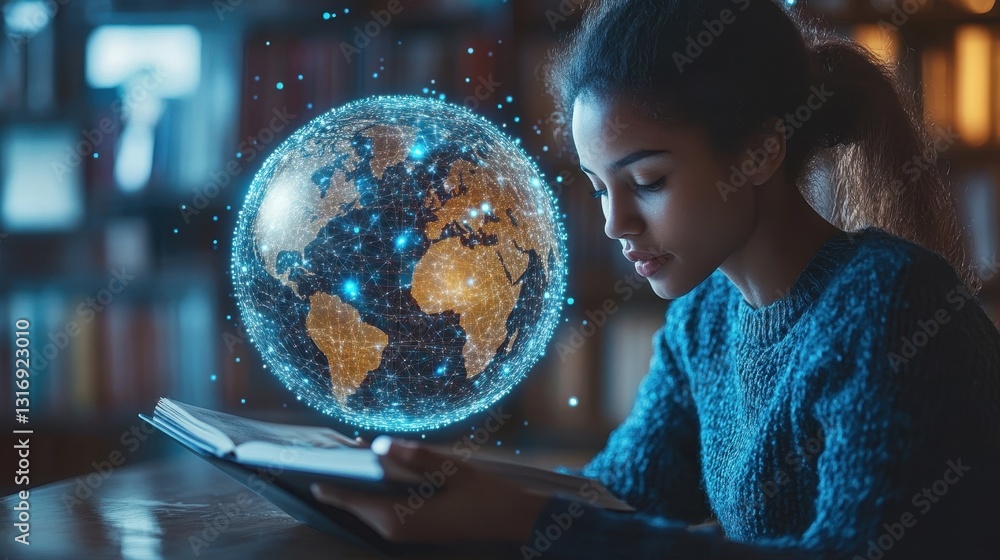 Naklejka premium African female young adult reading a book with holographic globe in library