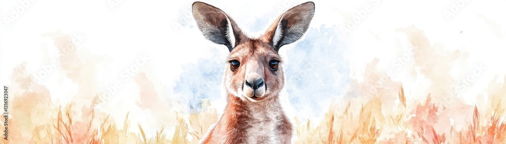 Fototapeta premium A watercolor painting of a kangaroo set against a soft, colorful background, showcasing its large ears and gentle expression.