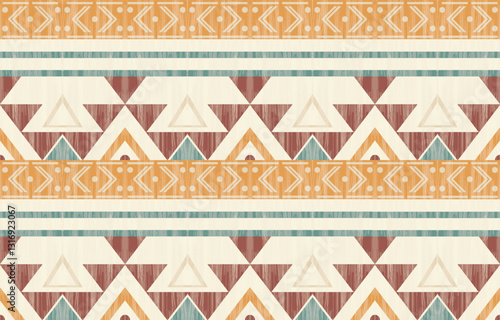 Geometric and ethnic Native American tribal patterns, featuring Aztec and Navajo motifs, create a seamless decorative texture. Design for background ,curtain, carpet, clothing, wrapping, Batik.