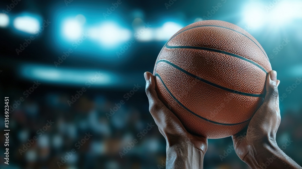 Hands Holding a Basketball Ready for a Shot in a Dynamic Sports Arena with Blurred Audience in Background Hands Holding a Basketball Ready for a Shot in a Dynamic Sports Arena with Blurred Audience in Background