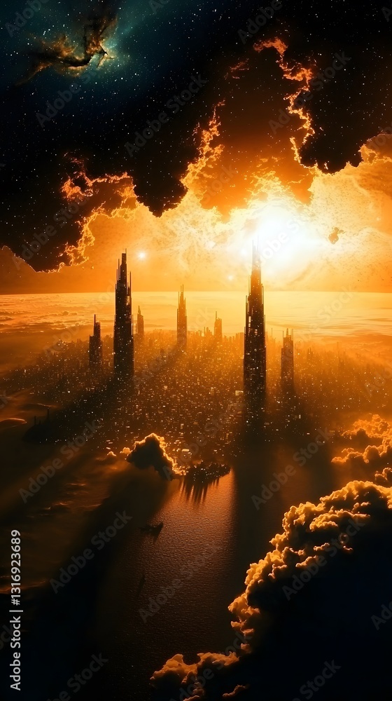 Enchanting city high in the sky illuminated by cosmic light featuring a majestic golden tower reaching heavenward Enchanting city high in the sky illuminated by cosmic light featuring a majestic golden tower reaching heavenward