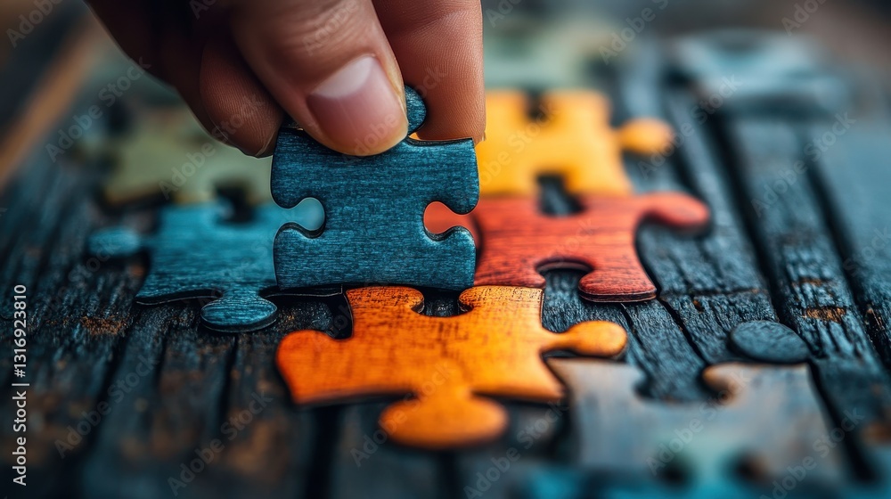 Person completing jigsaw puzzle with multicolored pieces on wooden table
