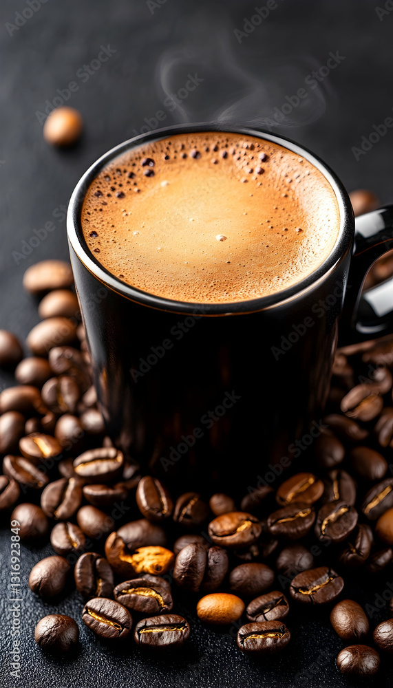 Aromatic coffee in a dark cup rests on roasted beans Steam rises gently Aromatic coffee in a dark cup rests on roasted beans Steam rises gently