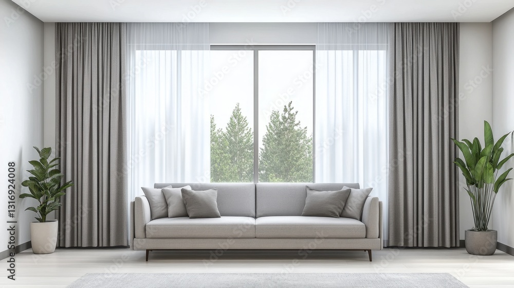 Fototapeta premium Sleek modern curtains in soft neutral tones hanging in a bright, minimalist living room