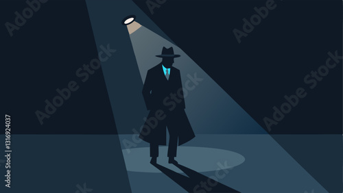 Spotlight Effect A silhouette of a detective with a hat and coat standing in a dimly lit alley a single beam of light shining down on a bullet casing lying on the pavement.