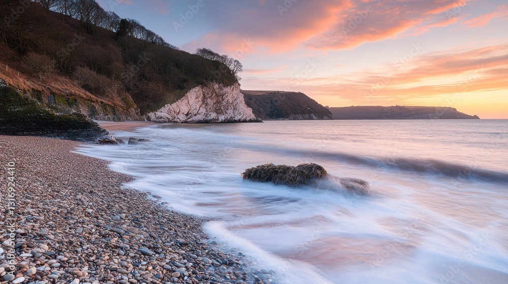 Obraz premium Serene sunrise over pebble beach with dramatic cliffs.