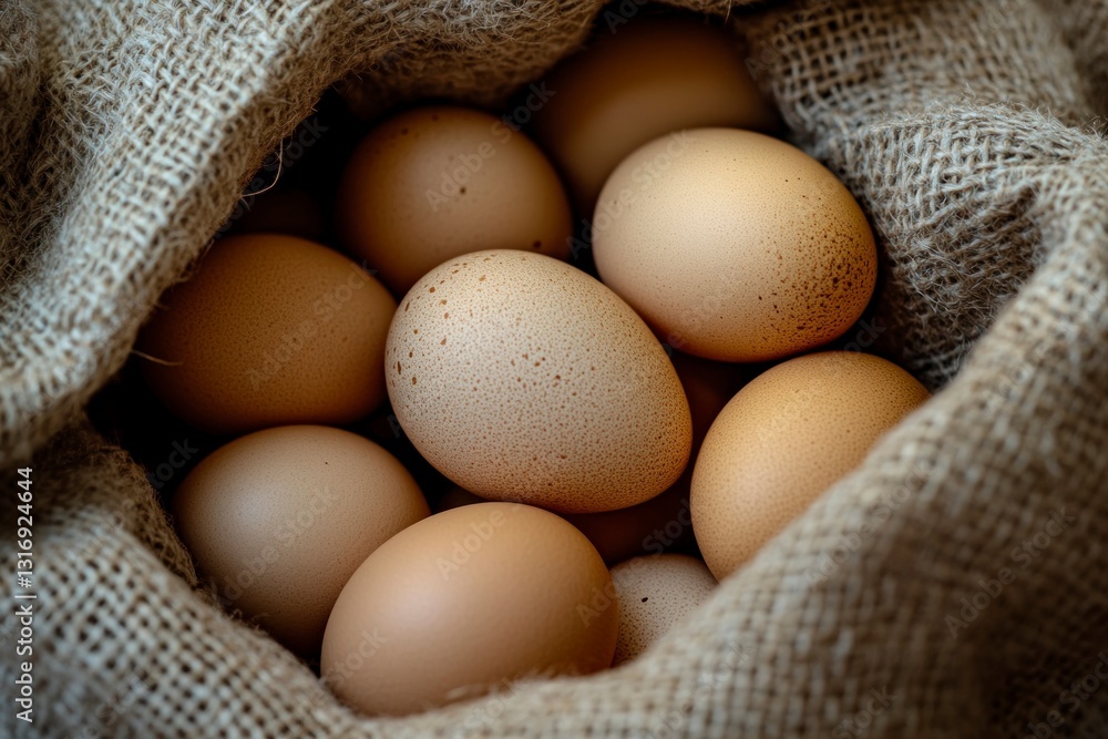 Fresh Brown Eggs in Burlap Bag Rustic Farm to Table Concept Fresh Brown Eggs in Burlap Bag Rustic Farm to Table Concept