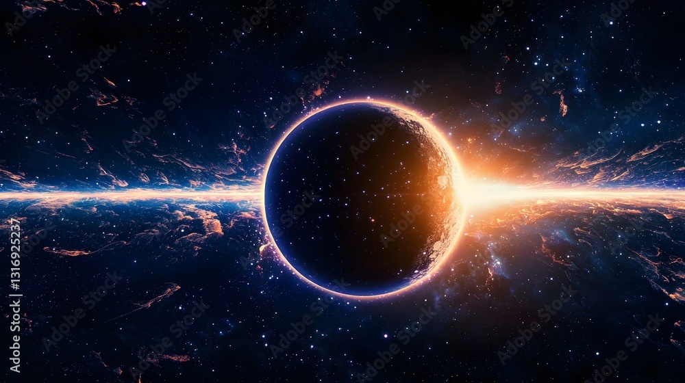 Obraz premium Mysterious black hole at the heart of a vibrant galaxy surrounded by stars and cosmic dust in a futuristic landscape
