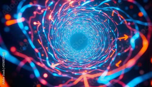 Swirling patterns of vibrant colors, iridescent lines, arrowheads, and ethereal currents suspended in air.