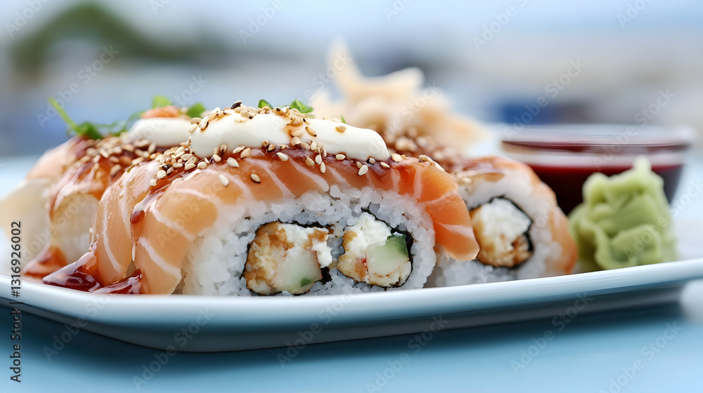 Delicious sushi rolls presented on a white plate with sauces and sides Delicious sushi rolls presented on a white plate with sauces and sides