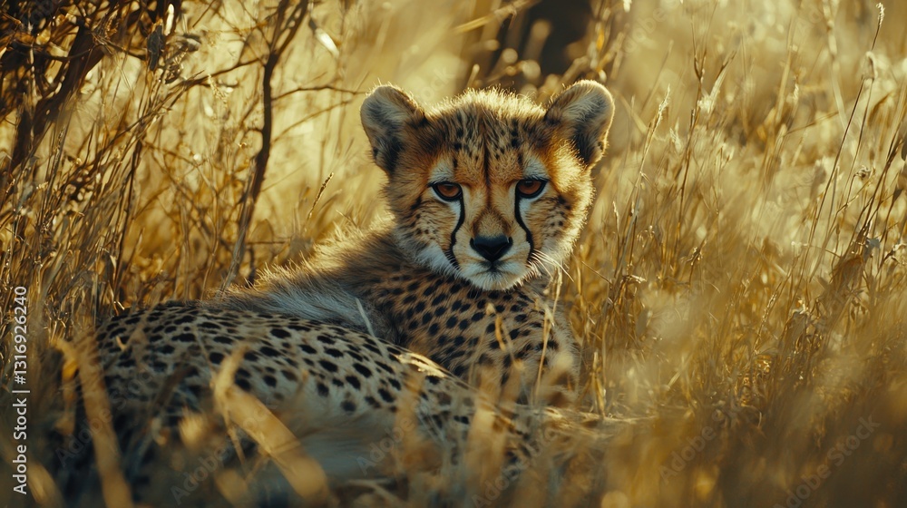 Obraz premium A young cheetah rests amidst golden grasses, showcasing its distinctive spots and keen gaze in a natural habitat.