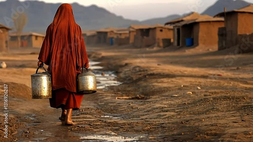 A Woman Carrying Water in a Rural Village